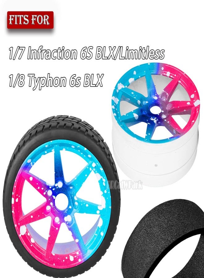 BRCatWPark RC Highway Tires Wheel for 1/7 Infraction 6S BLX/Limitless,1/8 Typhon 6s BLX,7 Spokes Wheel Rim & Rubber Highway Tires RC Drift Tires,Blue Pink - Image 2